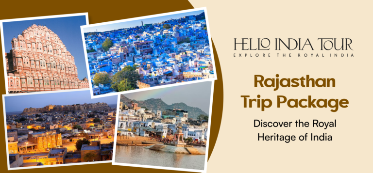 Rajasthan trip package banner with Jodhpur blue city and Udaipur lake ghat photos - Hello India Tour